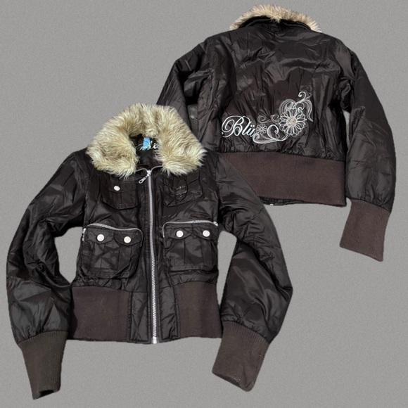 Blü Vintage Y2K Cropped Brown Jacket W/ Faux-Fur Trim - Picture 2 of 10